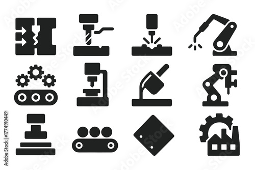 Manufacturing Icons Collection. Solid style icons of manufacturing methods: injection mold, milling cutter, laser cutter, welding