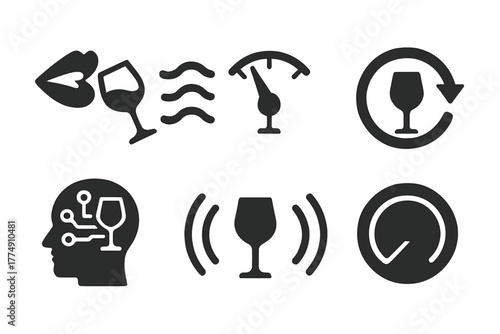 Wine Sensory Icons. Solid style icons of wine sensory feedback: mouthfeel sensor, flavor echo wave, aroma intensity meter. Swirl