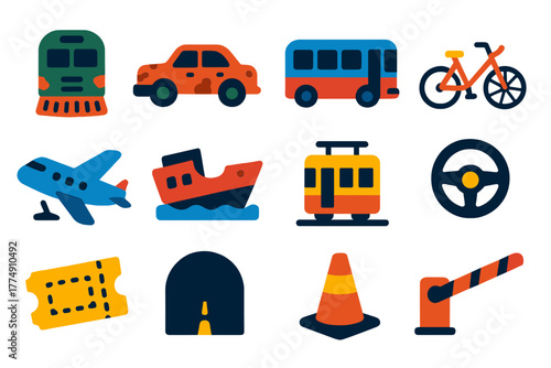Abandoned Transport Icons. Flat vector icons of Abandoned Transport: derelict train, rusted car, empty bus, broken bicycle,