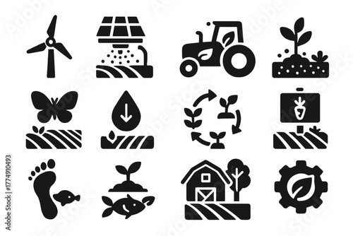 Sustainable Farming Icons. Solid style icons of sustainable precision farming: renewable energy windmill, solar-powered irrigation