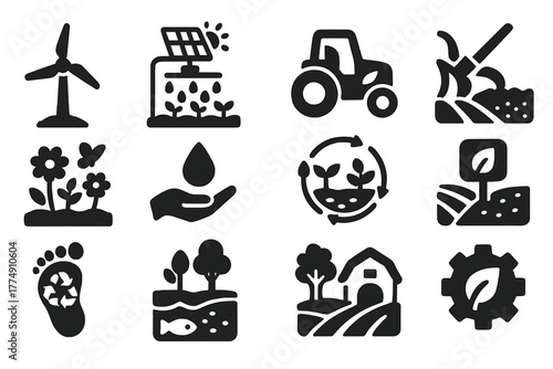Sustainable Farming Icons. Solid style icons of sustainable precision farming: renewable energy windmill, solar-powered irrigation
