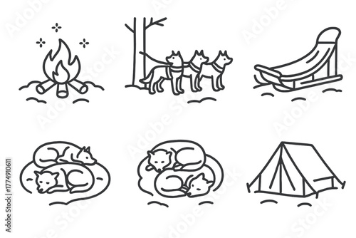 Dog Sled Camp Icons. Line style icons of dog sled camp setup: snow campfire, dog line tied to tree, sled parked, sleeping dogs