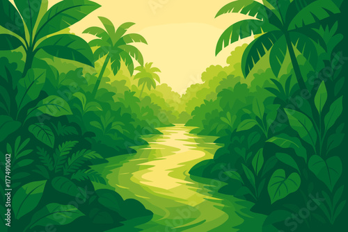 Tropical River Paradise. Lush tropical river surrounded by vector illustration vibrant green foliage under soft golden light,