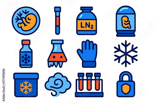 Cryopreservation Icons Set. Flat vector icons of Cryopreservation: frozen embryo, storage straw, liquid nitrogen tank, futuristic