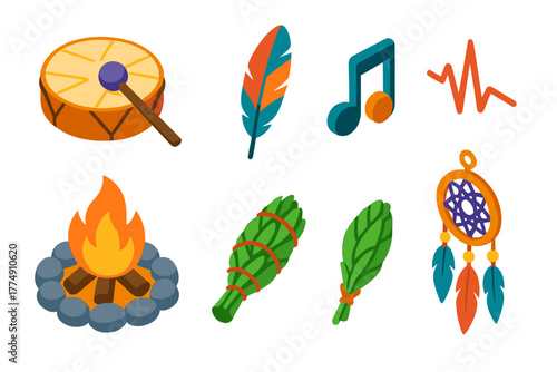 Sound Therapy Icons. Isometric vector illustration set Sound therapy – shaman drum, leather surface, drumstick; feather ornament,