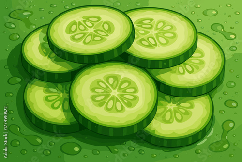 Crisp Cucumber Layers. Close-up of cucumber slices layered vector illustration on a wet surface, vibrant green tones and crisp