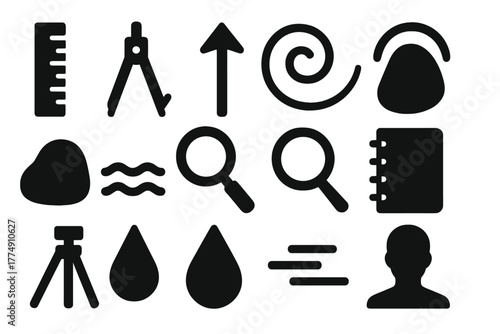 Experimental Setup Icons. Solid style icons of experimental setup and measurement: ruler, compass, arrow, spiral, stone, water