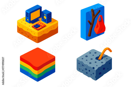 Synthetic Fossil Icons. Isometric vector illustration set Synthetic Fossil Formation: E-waste fused with sand, plastic entombed