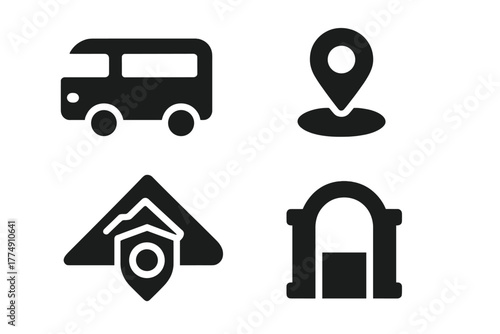 Shuttle Access Icons. Solid style icons of shuttle and trailhead access: truck glyph, drop-off point icon, base badge. Transport
