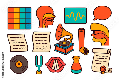 Retro Phonetics Icons. Isometric vector illustration set Vintage Phonetics: IPA square chart, vocal tract anatomy, stylized
