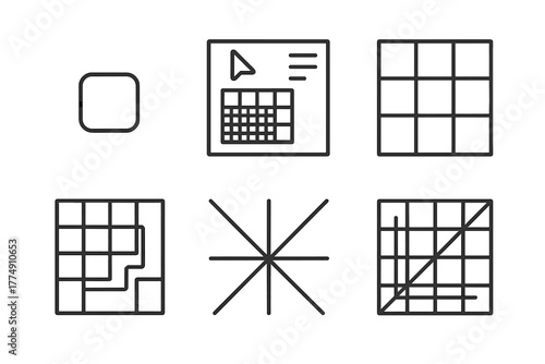 Grid Algorithm Icons. Line style icons of grid-based algorithm design: pixel unit shape, tile art generator, modular grid element,