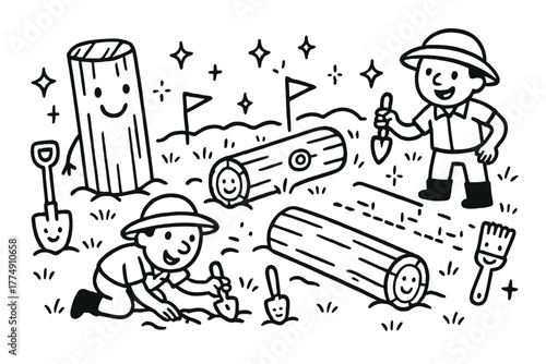 Playful Archaeological Excavation. Playful doodle archaeological timber excavation with happy workers, cartoon beams with smiling