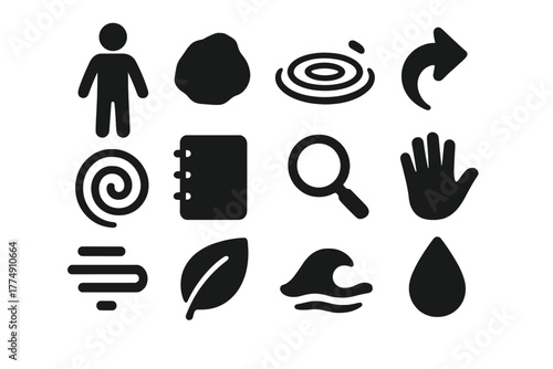 Recreational Icons. Solid style icons of recreational play and skill practice: human silhouette, stone, water ripple, arrow,