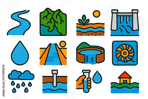 Hydrology Icon Set. Flat vector icons of Hydrology: river, watershed map, aquifer, dam, water droplet, irrigation canal, reservoir