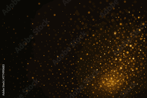 Elegant Gold Particles. Luxurious macro shot of vector illustration sparkling gold particles scattered on a rich dark background,