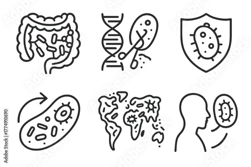 Microbiome Engineering Icons. Line style icons of Microbiome Engineering: gut bacteria network, DNA editing tool on microbe,