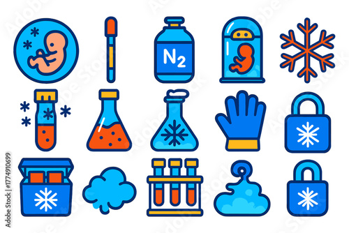Cryopreservation Icons Set. Flat vector icons of Cryopreservation: frozen embryo, storage straw, liquid nitrogen tank, futuristic