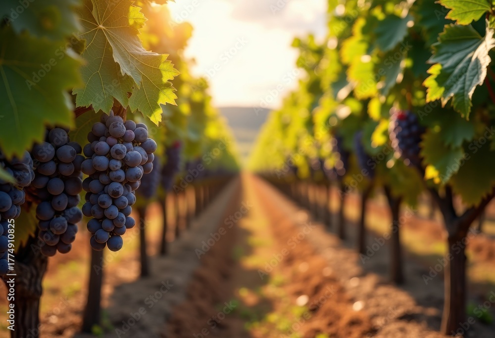 Fototapeta premium Bountiful Vineyard Rows Symphony Colors Harvest Abundance Organic Grapes Clusters Tranquil Rural Setting