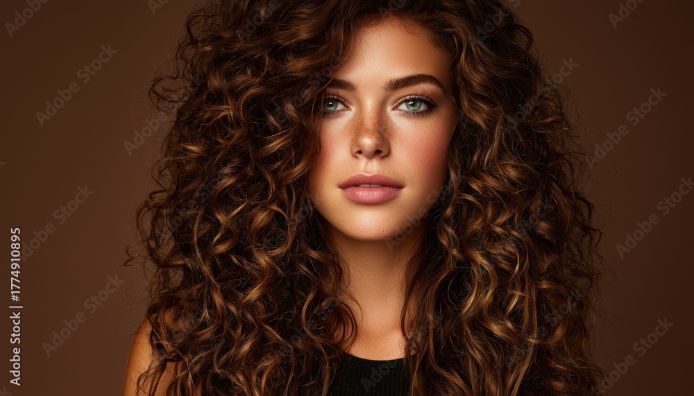 Naklejka premium Stunning Brunette With Beautiful Curls In Her Hair - A Look That Is Absolutely Enchanting And Mesmerizing To Behold.
