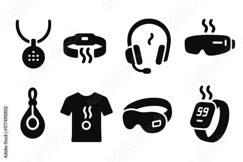 Scent-Enabled Wearables. Solid style icons of scent-enabled wearables: smart necklace diffuser, wristband with scent module,