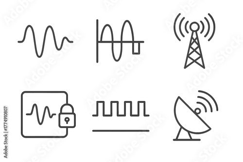 Communication Signal Icons. Line style icons of Communication Signals: waveform, modulation diagram, antenna tower, encrypted