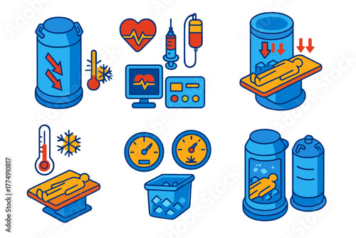 Isometric Cryonics Tools. Isometric vector illustration set Cryonics protocol: long-term cryogenic tanks, patient stabilization