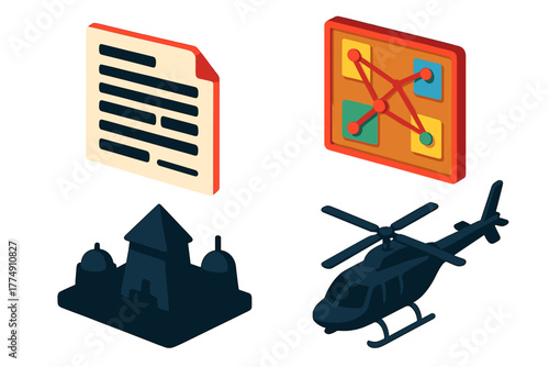 Conspiracy Icon Set. Isometric vector illustration set Conspiracy Theory Icons: Redacted document sheet, connecting string board,