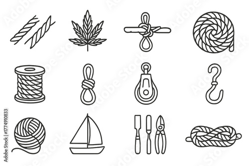 Nautical Rope Icons. Line style icons of Fiber Twisting: Twisting Fibers, Hemp, Sailor's Craft, Coil; Rope Spool, Knot, Pulley,