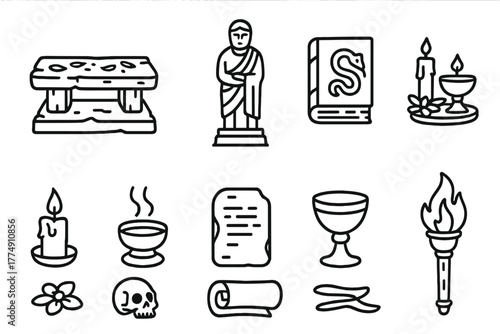 Forgotten Ritual Icons. Line style icons of Forgotten Rituals: Faded Altar, Ancient Statue, Obscure Myth, Offerings; Candle,
