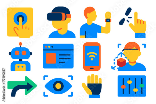 Human-Tech Interaction Icons. Flat vector icons of human-technology interaction: touchscreen, VR headset, wearable device, gesture