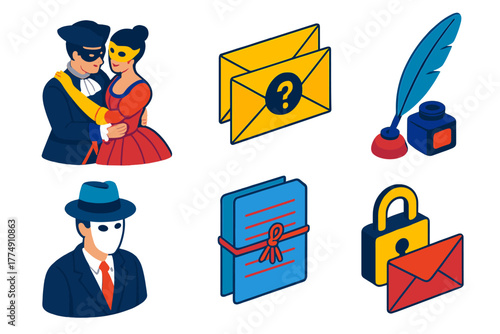 Historical Anonymity Icons. Isometric vector illustration set History of anonymity: masked figures at a ball, anonymous letters,