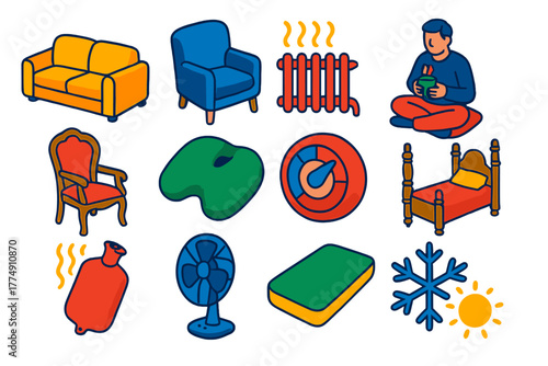 Comfort Essentials Icons. Isometric vector illustration set Comfort: sofas and chairs, heating technologies, cultural comfort