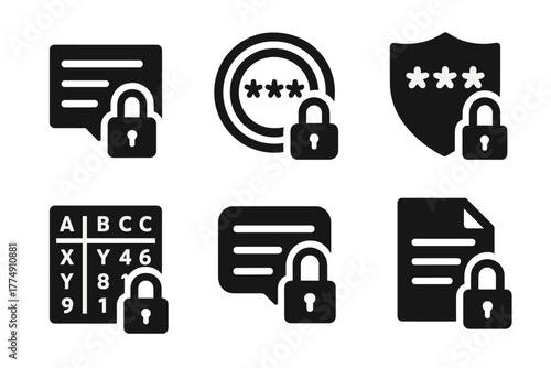 Language Encryption Icons. Solid style icons of language as encryption: padlocked sentence glyph, verbal code icon, secrecy badge.