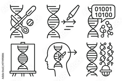 Genetic Expression Icons. Line style icons of genetic expression in art: CRISPR concept art, gene editing diagram, encoded message