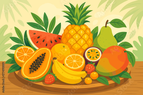 Tropical Fruit Platter. Vibrant tropical fruits arranged on a wooden platter, bright natural colors, soft natural lighting, vector