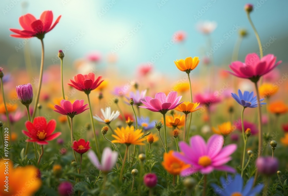 Naklejka premium Colorful Wildflower Parade Blooming in Spring's Splendor Embracing Vibrant Petals and Flowery Tapestry