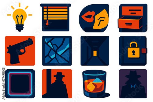 Shadowed Mystery Icons. Flat vector icons of Shadowed Secrets: flickering lightbulb, closed blinds, whispered note, hidden drawer,