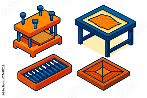Woodworking Tools Display. Isometric vector illustration set Fine Woodworking Workshop: Veneer press machine, illuminated cutting