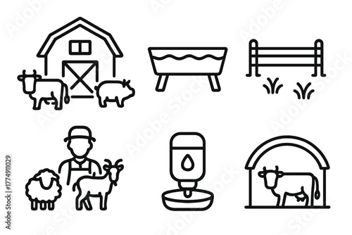 Animal Husbandry Icons. Line style icons of Animal Husbandry: barn with livestock, feeding trough, fenced pasture, caretaker with