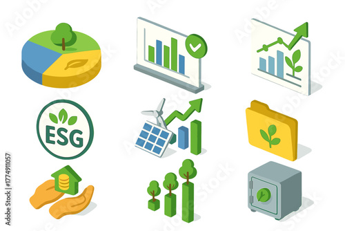 Sustainable Investment Icons. Isometric vector illustration set of Ethical investing: sustainable asset pie, ethical fund