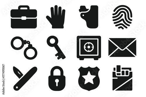 Mystery Icon Set. Solid style icons of Mystery Case: Briefcase, Glove, Gun Holster, Fingerprint, Handcuffs, Key, Safe, Envelope,