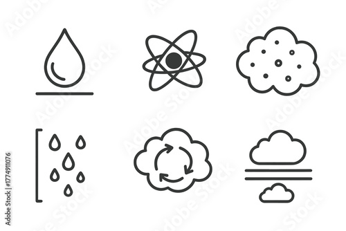 Cloud Microphysics Icons. Line style icons of Cloud Microphysics: suspended droplet, condensation nucleus, cloud particle field,