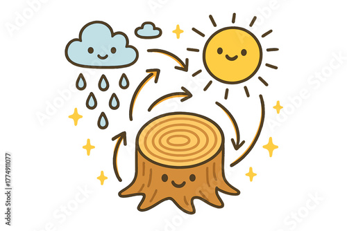 Cheerful Climate Doodle. Friendly doodle climate history diagram with happy tree rings, cartoon sun, clouds, and raindrops smiling