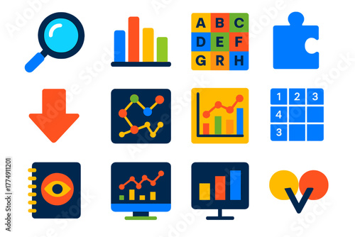 Cryptanalysis Icon Set. Flat vector icons of cryptanalysis and pattern recognition: magnifying glass, frequency chart, letter