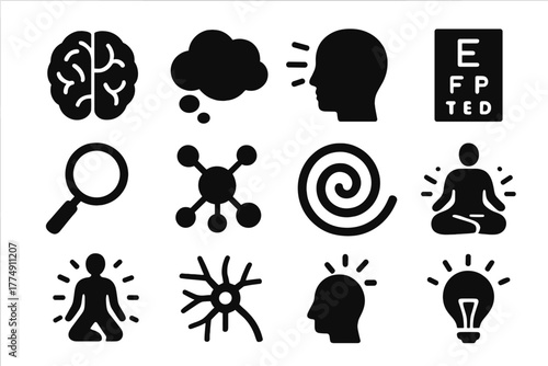 Icons of Mental Focus. Solid style icons of Mental focus: brain outline, thought bubble, concentration lines, eye chart,