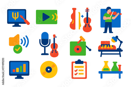 Experimental Music Icons. Flat vector icons of experimental music reconstruction: tuning experiment, sound playback, instrument