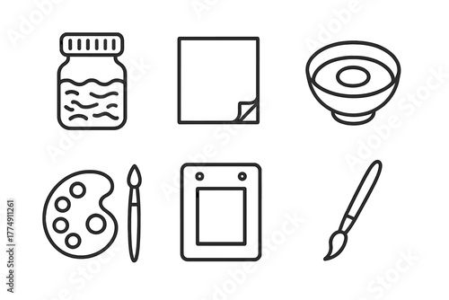 Artistic Materials Icons. Line style icons of Artistic Materials: natural pigment jar, gold leaf square, egg tempera bowl, brush