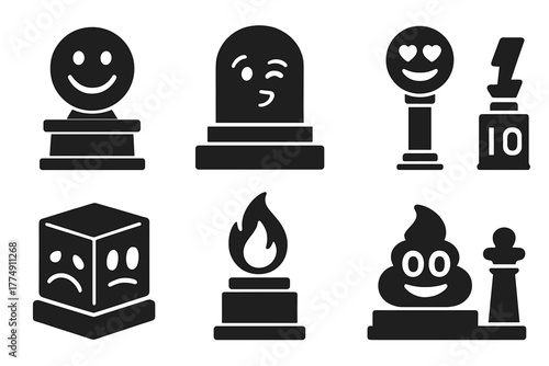 Emoji Icon Sculptures. Solid style icons of emoji-based installations: smiley monument, wink face relief, heart-eyes emoji pillar.