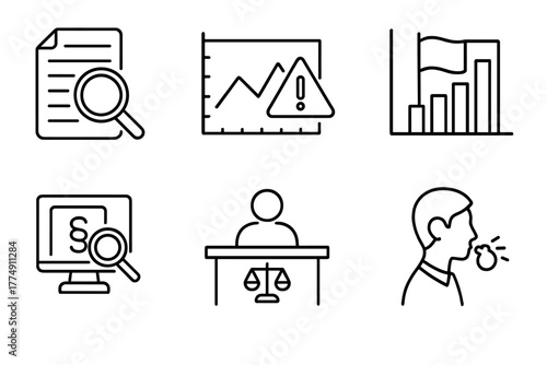 Scientific Fraud Icons. Line style icons of Detecting Scientific Fraud: data integrity icon, graph manipulation warning, red flag