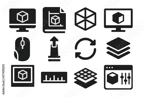 CAD Modeling Icons. Solid style icons of CAD modeling: computer with 3D model, digital blueprint, wireframe cube, render screen,